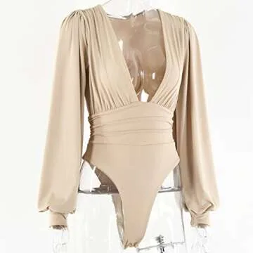 Syydn Women's Deep V Neck Tops Sexy Puff Sleeve Bodycon Jumpsuit Stretchy Bodysuit Jumpsuits (Khaki, Large)