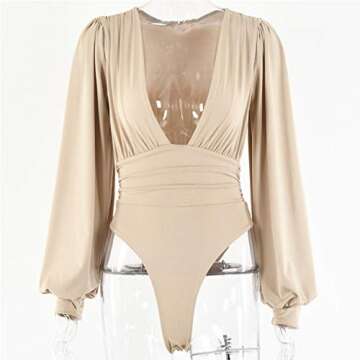 Syydn Women's Deep V Neck Tops Sexy Puff Sleeve Bodycon Jumpsuit Stretchy Bodysuit Jumpsuits (Khaki, Large)