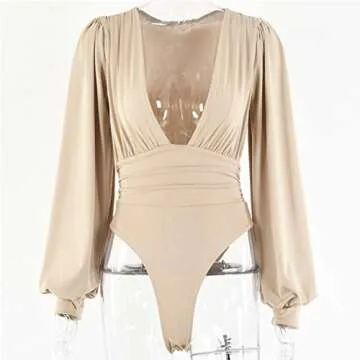 Syydn Women's Deep V Neck Tops Sexy Puff Sleeve Bodycon Jumpsuit Stretchy Bodysuit Jumpsuits (Khaki, Large)