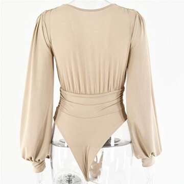 Syydn Women's Deep V Neck Tops Sexy Puff Sleeve Bodycon Jumpsuit Stretchy Bodysuit Jumpsuits (Khaki, Large)