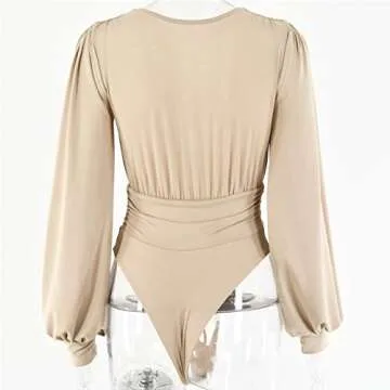 Syydn Women's Deep V Neck Tops Sexy Puff Sleeve Bodycon Jumpsuit Stretchy Bodysuit Jumpsuits (Khaki, Large)