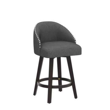 HOMCOM 26" Counter Height Bar Stools, Linen Fabric Kitchen Stools with Nailhead Trim, Rubber Wood Legs and Footrest for Dining Room, Counter, Pub, Set of 2, Dark Gray