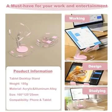 KeoPuals Acrylic Tablet Stand for Desk Clear Stand for Ipad Holder with 360 Rotatable Base Compatible with iPad Pro Air Mini (Pink)
