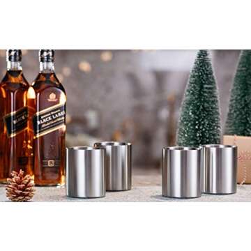 JILLMO Whiskey Glass Set of 4 Stainless Steel Lowball Glasses - 10 oz Insulated Shatterproof Outdoor Bourbon Glass - Ideal Gift for Family, Friends and Whisky Lovers