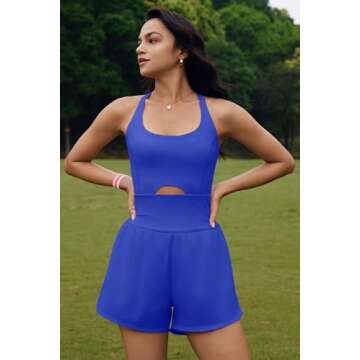 ReachMe Womens Running Onesie Workout Rompers Athletic Romper One Piece Outfits Exercise Jumpsuits Gym Yoga Clothes(0 Royal Blue,M)