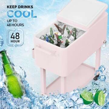 VINGLI 80 Quart Rolling Ice Chest, Portable Patio Party Bar Drink Cooler Cart, with Shelf, Beverage Pool with Bottle Opener (Pink)