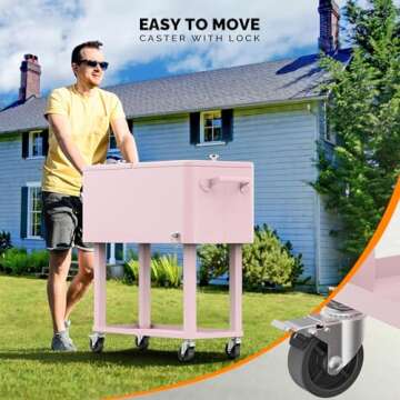 VINGLI 80 Quart Rolling Ice Chest, Portable Patio Party Bar Drink Cooler Cart, with Shelf, Beverage Pool with Bottle Opener (Pink)