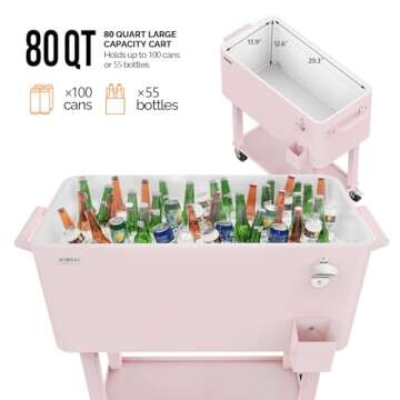 VINGLI 80 Quart Rolling Ice Chest, Portable Patio Party Bar Drink Cooler Cart, with Shelf, Beverage Pool with Bottle Opener (Pink)