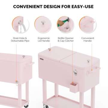 VINGLI 80 Quart Rolling Ice Chest, Portable Patio Party Bar Drink Cooler Cart, with Shelf, Beverage Pool with Bottle Opener (Pink)