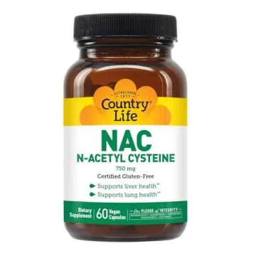 Country Life N-Acetyl Cysteine (NAC) 750 mg – Premium Liver Support and Lung Health Supplement – Powerful Antioxidant Protection, Liver Detox & Cleanse, Immune Support, 60 Vegetarian Capsules