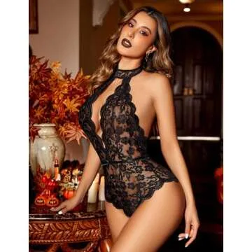 Avidlove Women Lingerie Snap Crotch Lace Bodysuit Sexy Deep V Teddy One Piece Babydoll Black XL