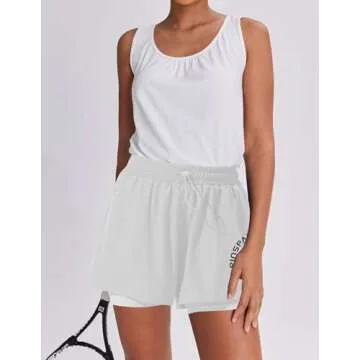 PINSPARK Women's White Running Shorts Quick Dry Active Shorts with Comfortable Liner Gym Athletic 2 in 1 Shorts with Pockets XS