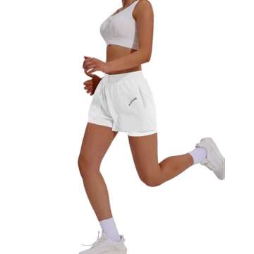 PINSPARK Women's White Running Shorts Quick Dry Active Shorts with Comfortable Liner Gym Athletic 2 in 1 Shorts with Pockets XS