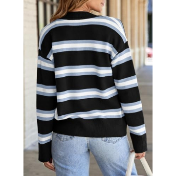 EVALESS Womens Cardigan Sweaters 2024 Fashion Trendy Spring Fall Oversized Lightweight Cropped Chunky Knit Striped Sweaters Loose Outerwear Coats,Black Stripe Medium