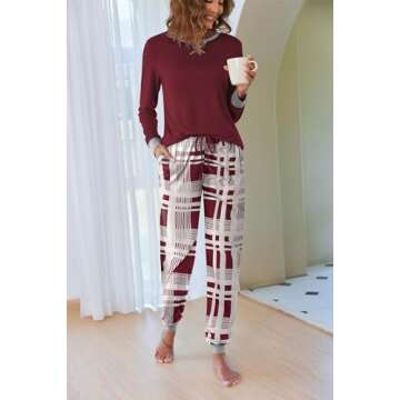 Ekouaer Women's Long Sleeve Pj Soft Crew Neck Pajama Long Sleeve Sweatshirt with Long Pants Red Plaid,Medium