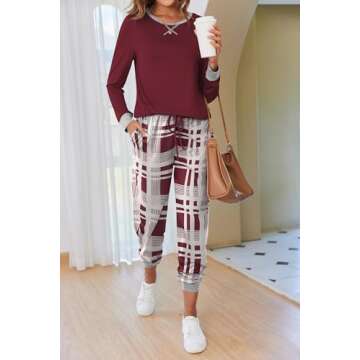 Ekouaer Women's Long Sleeve Pj Soft Crew Neck Pajama Long Sleeve Sweatshirt with Long Pants Red Plaid,Medium