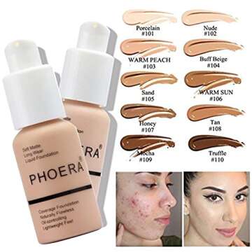 2 Pack PHOERA Foundation Warm Peach 103 and Face Primer,Liquid Full Coverage Foundation Set,Foundation Brush Powder Brush,5 Makeup Sponge, 24HR Matte Oil Control Concealer (103- Warm peach)