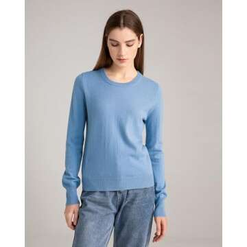 State Cashmere Women’s Essential Crewneck Sweater 100% Pure Cashmere Classic Long Sleeve Pullover (Bella Blue, Medium)