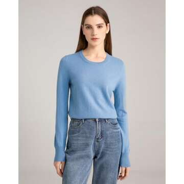 State Cashmere Women’s Essential Crewneck Sweater 100% Pure Cashmere Classic Long Sleeve Pullover (Bella Blue, Medium)