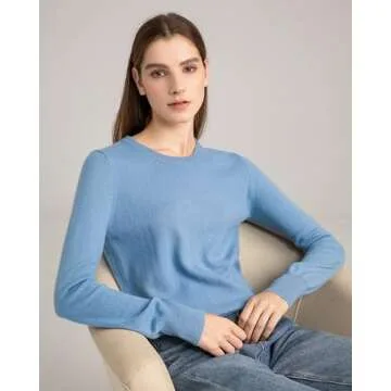 State Cashmere Women’s Essential Crewneck Sweater 100% Pure Cashmere Classic Long Sleeve Pullover (Bella Blue, Medium)