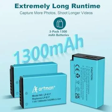 Artman 3-Pack LP-E17 Batteries 1300mAh and 3-Channel LCD Charger Pack for Canon EOS RP R10 R8 R50 Rebel T6i T7i T8i T6s SL2 SL3 EOS M3 M5 M6 200D 77D 750D 760D 800D 8000D KISS X8i Camera