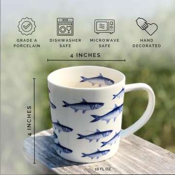 Caskata School of Fish Oversized Mugs Set of 4 | High-Design Premium Lead-Free Porcelain Blue Mug Set for Entertaining or Everyday | Unique Party Mugs for Wedding or Birthdays | 14 oz