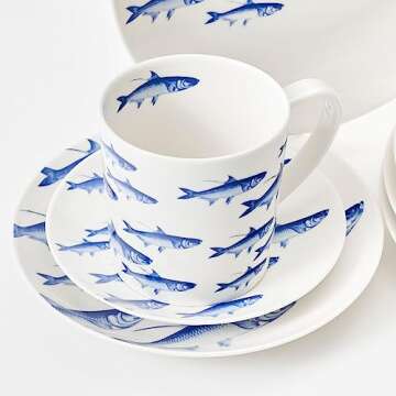 Caskata School of Fish Oversized Mugs Set of 4 | High-Design Premium Lead-Free Porcelain Blue Mug Set for Entertaining or Everyday | Unique Party Mugs for Wedding or Birthdays | 14 oz