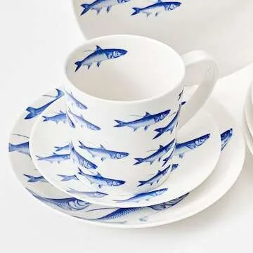 Caskata School of Fish Oversized Mugs Set of 4 | High-Design Premium Lead-Free Porcelain Blue Mug Set for Entertaining or Everyday | Unique Party Mugs for Wedding or Birthdays | 14 oz