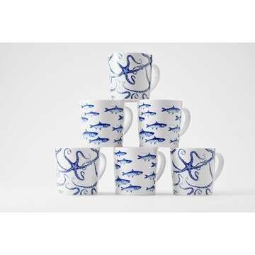 Caskata School of Fish Oversized Mugs Set of 4 | High-Design Premium Lead-Free Porcelain Blue Mug Set for Entertaining or Everyday | Unique Party Mugs for Wedding or Birthdays | 14 oz