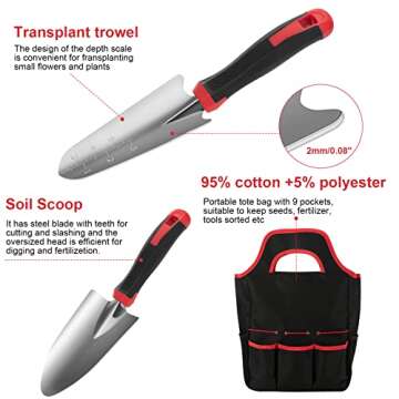 Gardening Tools, MOXILS 9 Pieces Stainless Steel Heavy Duty Tool Set with Non-Slip Rubber Grip, Storage Tote Bag, Outdoor Hand Tools, Ideal Garden Kit Gifts for Parents and Kids.