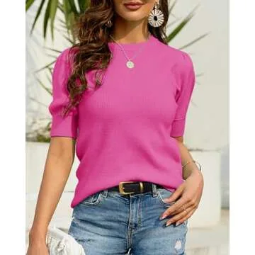 Bodosalia Women's Puff Short Sleeve Sweater Casual Summer Crew Neck Pullover Tops Ribbed Knit Sweate...
