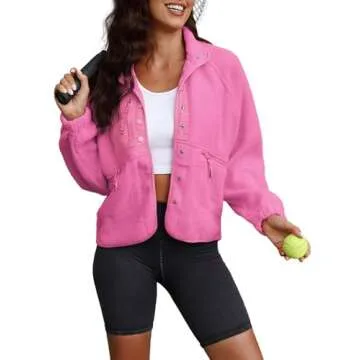 ReachMe Womens Sherpa Jacket Casual Lapel Button Down Cropped Fuzzy Fleece Jackets Long Sleeve Winter Coats with Pockets(3 Hot Pink,L)
