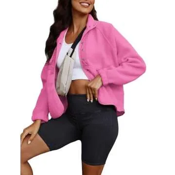 ReachMe Womens Sherpa Jacket Casual Lapel Button Down Cropped Fuzzy Fleece Jackets Long Sleeve Winter Coats with Pockets(3 Hot Pink,L)