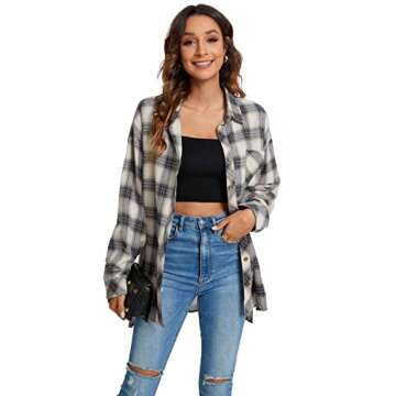 JLCNCUE Women's Classic Long Sleeve Shirt Street Fashion Flannel Plaid Shirt Oversized Tops Blouses 71903 (S, Nude Plaid)