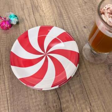 UPware 4-Piece 6.75 Inch Melamine Dessert Plates Appetizer Dinner Plates Small Serving Plates Party Plates Round Plate for Dessert Snack Fruit Side Dishes (Peppermint Candy)