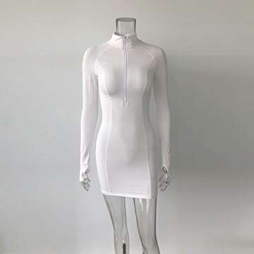 XLLAIS Women Fall Long Sleeve Bodycon Dress with Zipper High Neck Cotton Outfits Fitness Mini Dresses White Small