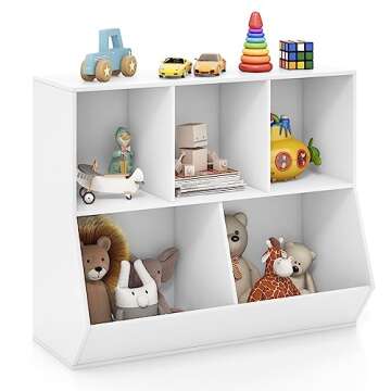 HONEY JOY Toy Storage Organizer with Bookcase, 5-Cubby Children Bookshelf Toy Storage Cabinet, Open Kids Toy Shelf Book Display Organizer for Playroom, Bedroom, Nursery, School (White)