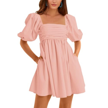 Ebifin Womens Square Neck Dresses Half Puff Sleeve High Waist A-Line Casual Backless Smocked Short B...