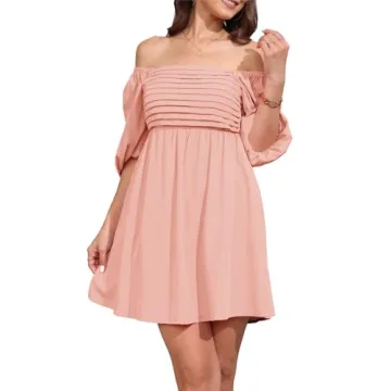 Ebifin Womens Square Neck Dresses Half Puff Sleeve High Waist A-Line Casual Backless Smocked Short Babydoll Mini Dress