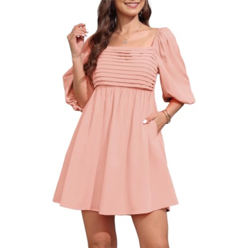 Ebifin Womens Square Neck Dresses Half Puff Sleeve High Waist A-Line Casual Backless Smocked Short Babydoll Mini Dress