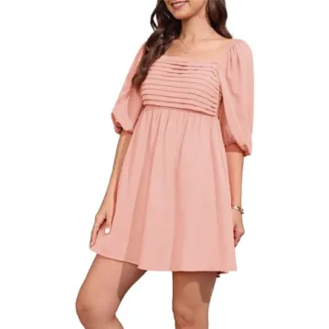 Ebifin Womens Square Neck Dresses Half Puff Sleeve High Waist A-Line Casual Backless Smocked Short Babydoll Mini Dress