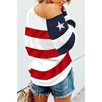 Women's US Flag Print Scoop Neck Long Sleeve Off The Shoulder Star Sweater Red M