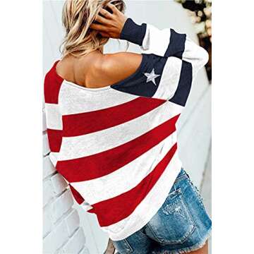 Women's US Flag Print Scoop Neck Long Sleeve Off The Shoulder Star Sweater Red M