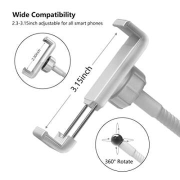 MeeQee Cell Phone Holder with Selfie Ring Light for Live Stream, Dimmable 3 Light Mode with Flexible Arms Phone Clip Holder Lazy Bracket Desk Lamp for Makeup, Youtube, Bedroom, Office, Kitchen - White