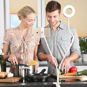 MeeQee Cell Phone Holder with Selfie Ring Light for Live Stream, Dimmable 3 Light Mode with Flexible Arms Phone Clip Holder Lazy Bracket Desk Lamp for Makeup, Youtube, Bedroom, Office, Kitchen - White