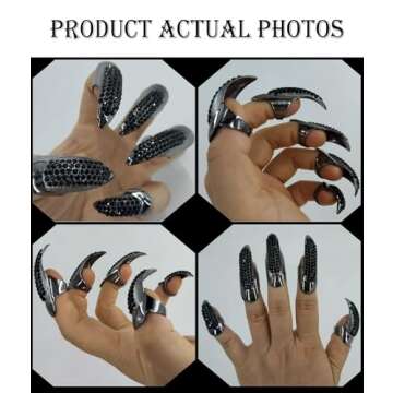 10 Pcs Halloween Costume Claws Fake Nails Ring Set, Bestga Gothic Punk 3 Sizes Crystal Full Finger Rings Paved Paw Bend Fingertip Fingernail Claw Girls Women Men Ring False Easy Long Nails (Black)