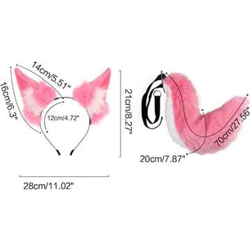 Wenzhtnsh Handmade Wolf Fox Cat Ears Headband Set and Faux Fur Tail for Halloween Cosplay Party Costume Accessories (Pink)