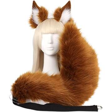 Wenzhtnsh Handmade Wolf Fox Cat Ears Headband Set and Faux Fur Tail for Halloween Cosplay Party Costume Accessories (Pink)