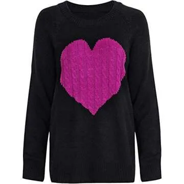 Womens Casual Cable Knitted Crewneck Heart Love Oversized Pullover Sweater Large Black Red Heart