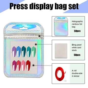 Empty Press on Nail Eyelashes Packaging Bag, Contains 50pcs Holographic rainbow bag and 50pcs pearlescent white cardboard and a roll of 5m clear double-sided tape for Handmade Press on Nails Business